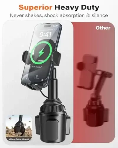 APPS2Car 15W Qi Wireless Car Charger Solid Cup Holder Mount, Adjustable Long Arm & 360° Rotation, Fits 3