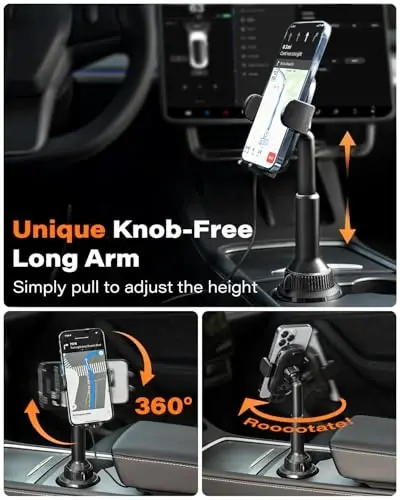 APPS2Car 15W Qi Wireless Car Charger Solid Cup Holder Mount, Adjustable Long Arm & 360° Rotation, Fits 3