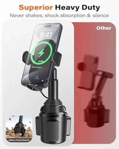 APPS2Car 15W Qi simsiz avtomobil zaryadlovchisi Qattiq stakan ushlagich o'rnatish, sozlanishi uzun tutqich va 360° aylanish, 3