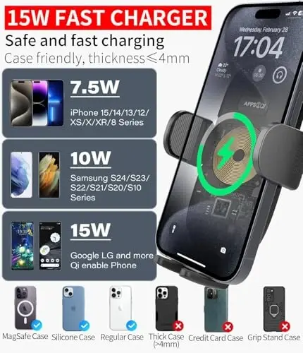APPS2Car 15W simsiz avtomobil zaryadlovchi telefon ushlagichi, 3-in-1 tez zaryadlash, iPhone 16/15/14/13/12 seriyalari, Samsung, LG bilan mos keladi - 2