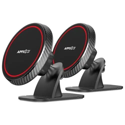 APPS2Car 2 Pack for Magsafe Car Mount, Dashboard Magnetic Car Phone Holder | Powerful Magnetic Hold, Includes metal rings for non-MagSafe phones, One-Hand Operation, 3M VHB Adhesive, 360° Rotation - APPS2Car