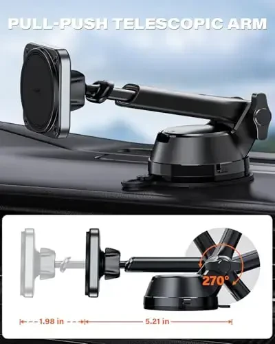 APPS2Car Heavy Duty Magnetic Car Mount with Gel Suction Cup – Industrial N55 Magnetic Hold, Adjustable Telescopic Arm, Fits iPhone 12-17 MagSafe Series & More - 4