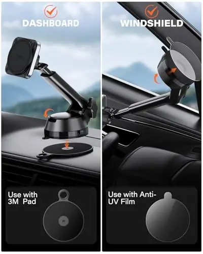 APPS2Car Heavy Duty Magnetic Car Mount with Gel Suction Cup – Industrial N55 Magnetic Hold, Adjustable Telescopic Arm, Fits iPhone 12-17 MagSafe Series & More - APPS2CAR (1)