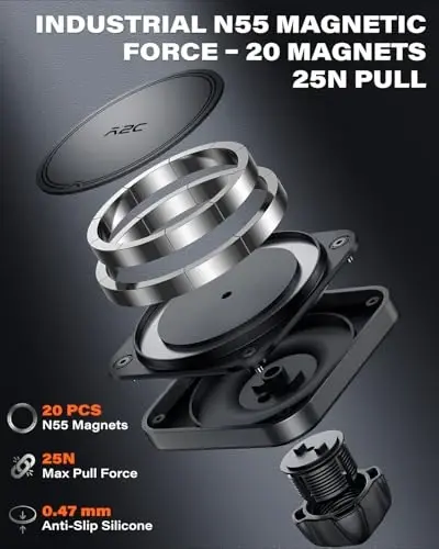 APPS2Car Heavy Duty Magnetic Car Mount with Gel Suction Cup – Industrial N55 Magnetic Hold, Adjustable Telescopic Arm, Fits iPhone 12-17 MagSafe Series & More - 3