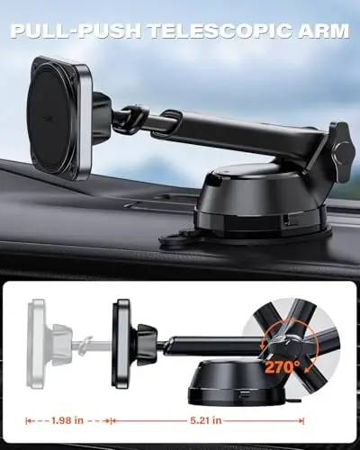 APPS2Car Heavy Duty Magnetic Car Mount with Gel Suction Cup – Industrial N55 Magnetic Hold, Adjustable Telescopic Arm, Fits iPhone 12-17 MagSafe Series & More - 4