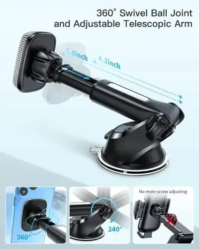 APPS2Car Magnetic Phone Holder for Car, Bling Dashboard/Windshield Sturdy Suction Cup Phone Holder, Crystal Magnetic Phone Mount[6 Strong Magnets & Adjustable Telescopic Arm] for All Smartphones - 4
