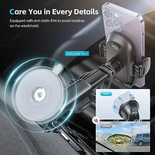 APPS2Car Держатель телефона на присоске Крепление на лобовое стекло/приборную панель/окно, автомобильный держатель телефона на присоске с прочной липкой гелевой подушкой, совместим с iPhone, Samsung и всеми мобильными телефонами, матовый черный - 6