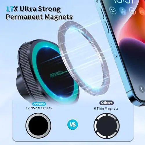 APPS2Car для MagSafe автомобильного крепления, магнитный держатель телефона для приборной панели лобового стекла iPhone автомобильный держатель, совместимый с iPhone 15 14 13 12 Pro Plus Max Mini MagSafe Mount, 17 сильных магнитов, зеленый - 3