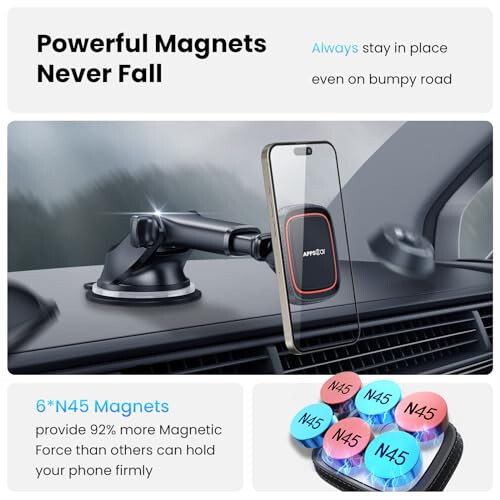 APPS2Car Magnetic Phone Car Mount, Universal Dashboard Windshield Industrial-Strength Suction Cup Car Phone Mount Holder with Adjustable Telescopic Arm, 6 Strong Magnets, for All Cell Phones - 3