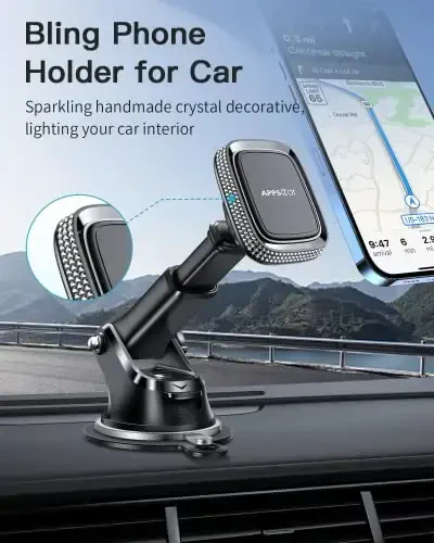 APPS2Car Magnetic Phone Holder for Car, Bling Dashboard/Windshield Sturdy Suction Cup Phone Holder, Crystal Magnetic Phone Mount[6 Strong Magnets & Adjustable Telescopic Arm] for All Smartphones - APPS2CAR (1)