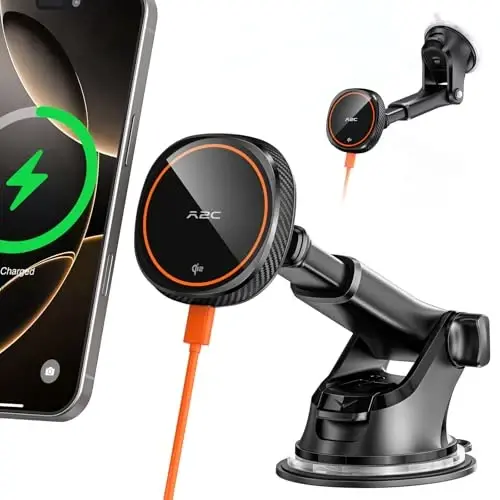 APPS2Car Magnetic Car Phone Mount - Designed Only for MagSafe iPhone 17-12 Series, Orange/Black Data Cable (Random) - 1