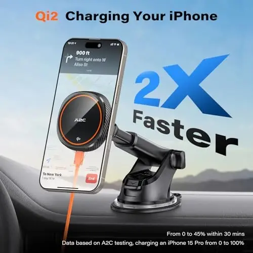 APPS2Car Magnetic Car Phone Mount - Designed Only for MagSafe iPhone 17-12 Series, Orange/Black Data Cable (Random) - 3