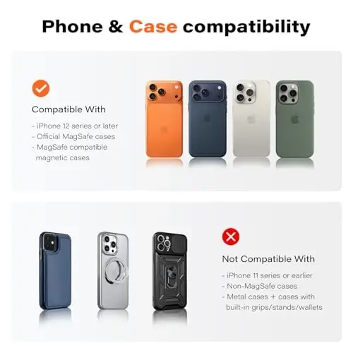 APPS2Car Magnetic Car Phone Mount - Designed Only for MagSafe iPhone 17-12 Series, Orange/Black Data Cable (Random) - 5