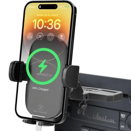 APPS2Car Mustahkam CD uyasi Telefon o'rnatish Bir qo'l bilan ishlaydigan dizayn bilan takomillashtirilgan simsiz zaryadlovchi, qo'lsiz avtomobil telefon ushlagichi iPhone 17 Pro Max Plus 16 15 14 13 12 11, Samsung S25 S24 bilan mos keladi - 1