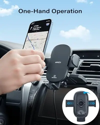 APPS2Car Mustahkam CD uyasi Telefon o'rnatish Bir qo'l bilan ishlaydigan dizayn bilan takomillashtirilgan simsiz zaryadlovchi, qo'lsiz avtomobil telefon ushlagichi iPhone 17 Pro Max Plus 16 15 14 13 12 11, Samsung S25 S24 bilan mos keladi - 2