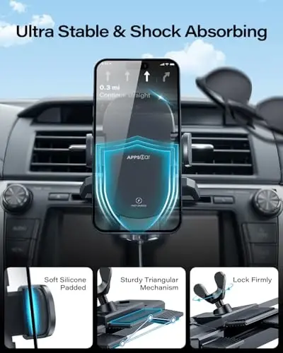 APPS2Car Mustahkam CD uyasi Telefon o'rnatish Bir qo'l bilan ishlaydigan dizayn bilan takomillashtirilgan simsiz zaryadlovchi, qo'lsiz avtomobil telefon ushlagichi iPhone 17 Pro Max Plus 16 15 14 13 12 11, Samsung S25 S24 bilan mos keladi - 3