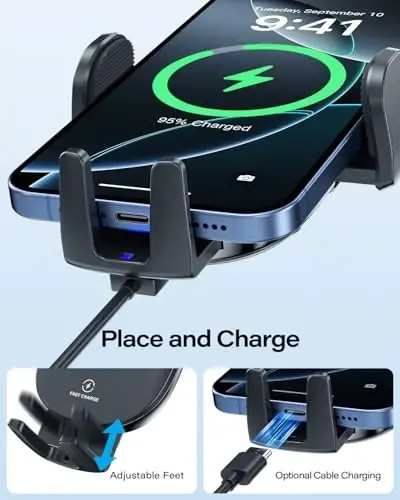 APPS2Car Mustahkam CD uyasi Telefon o'rnatish Bir qo'l bilan ishlaydigan dizayn bilan takomillashtirilgan simsiz zaryadlovchi, qo'lsiz avtomobil telefon ushlagichi iPhone 17 Pro Max Plus 16 15 14 13 12 11, Samsung S25 S24 bilan mos keladi - 5