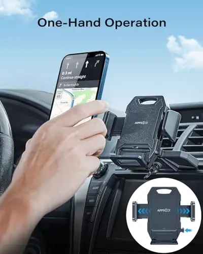 APPS2Car Sturdy CD Slot Phone Mount with One Hand Operation Design, Hands-Free Car Phone Holder Universally Compatible with All iPhone & Android Cell Phones, for Smartphone Mobile (Faux Leather) - 2