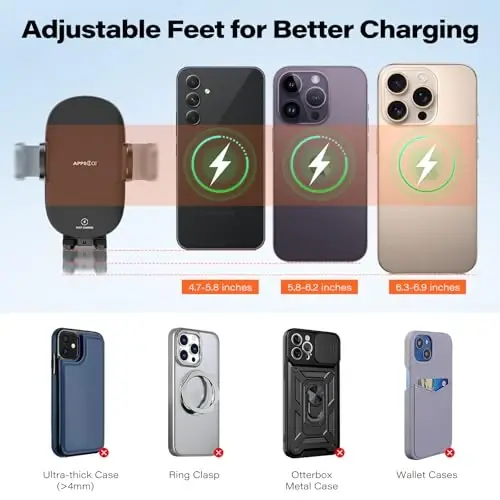 APPS2Car Soʻrgʻichli Telefon Oʻrnatgichi Simsiz Avtomobil Zaryadlovchisi, 15W Avtomobil uchun Simsiz Zaryadlovchi, iPhone, Samsung, LG va boshqalar bilan mos keladi - 4