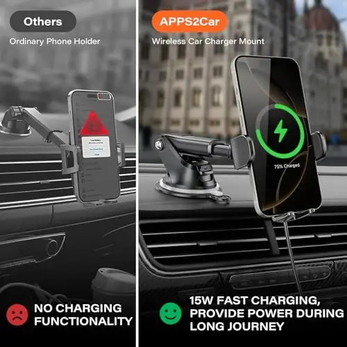 APPS2Car Soʻrgʻichli Telefon Oʻrnatgichi Simsiz Avtomobil Zaryadlovchisi, 15W Avtomobil uchun Simsiz Zaryadlovchi, iPhone, Samsung, LG va boshqalar bilan mos keladi - 2