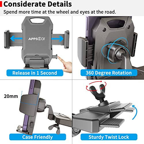 APPS2Car Sturdy CD Slot Phone Mount with One Hand Operation Design, Hands-Free Car Phone Holder Universally Compatible with All iPhone & Android Cell Phones, for Smartphone Mobile - 5