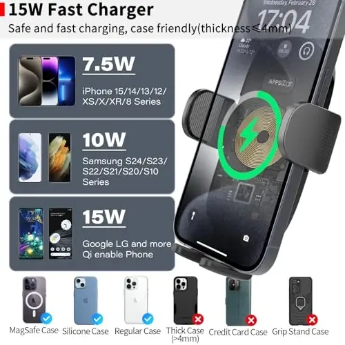 APPS2Car Sturdy CD Slot Phone Mount with Upgraded Wireless Charger | One Hand Operation, Hands-Free Car Phone Holder Compatible with iPhone 17 Pro Max Plus 16 15 14 13 12 11, Samsung S25 S24 S23 - 6