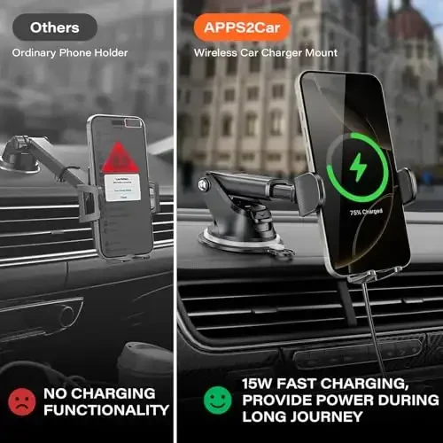 APPS2Car Suction Phone Mount Wireless Car Charger, 15W Dashboard Wireless Charger for Car, Compatible with iPhone, Samsung, LG and More - 2