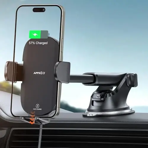APPS2Car Suction Phone Mount Wireless Car Charger, 15W Dashboard Wireless Charger for Car, Compatible with iPhone, Samsung, LG and More - APPS2CAR