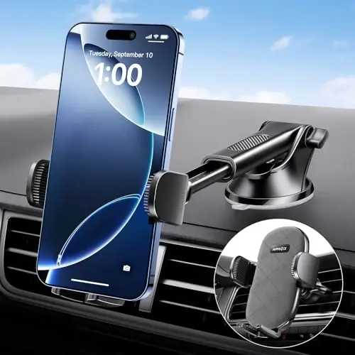 APPS2Car Suction Cup Phone Mount, Windshield/Dashboard/Air Vent Car Phone Holder Mount with Sticky Gel Pad, Compatible with iPhone, Samsung, All Cellphone, Thick Case Friendly 