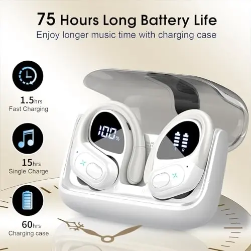 Wireless Earbuds 75hrs Bluetooth 5.4 Headphone Sport, 2026 Bluetooth Earbuds Stereo Deep Bass Over Ear Bud with Earhooks, ENC Noise Cancelling Mic, IPX7 Waterproof Earphone for Gym/Workout, White 