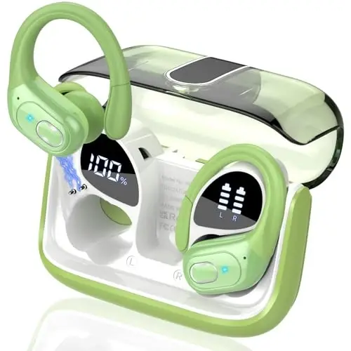 Aptkdoe Wireless Earbuds 75hrs Bluetooth 5.4 Headphone Sport, 2025 Bluetooth Earbuds Stereo Deep Bass Over Ear Bud with Earhooks, ENC Noise Cancelling Mic, IPX7 Waterproof Earphone, Green - 1