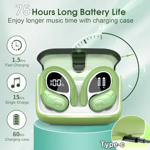 Aptkdoe Wireless Earbuds 75hrs Bluetooth 5.4 Headphone Sport, 2025 Bluetooth Earbuds Stereo Deep Bass Over Ear Bud with Earhooks, ENC Noise Cancelling Mic, IPX7 Waterproof Earphone, Green - 2