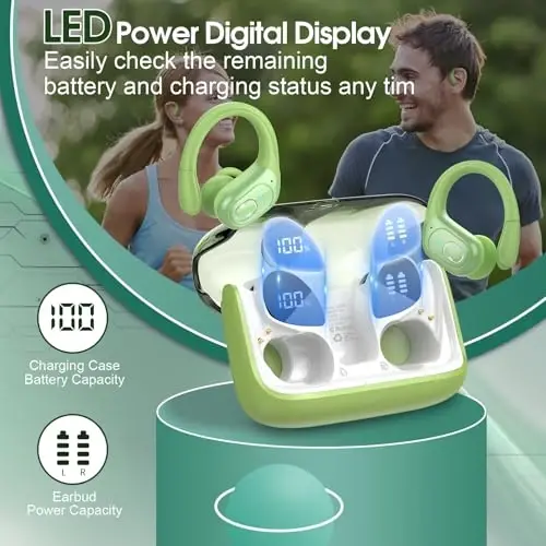 Wireless Earbuds 75hrs Bluetooth 5.4 Headphone Sport, 2026 Bluetooth Earbuds Stereo Deep Bass Over Ear Bud with Earhooks, ENC Noise Cancelling Mic, IPX7 Waterproof Earphone for Gym/Workout, Green - 4