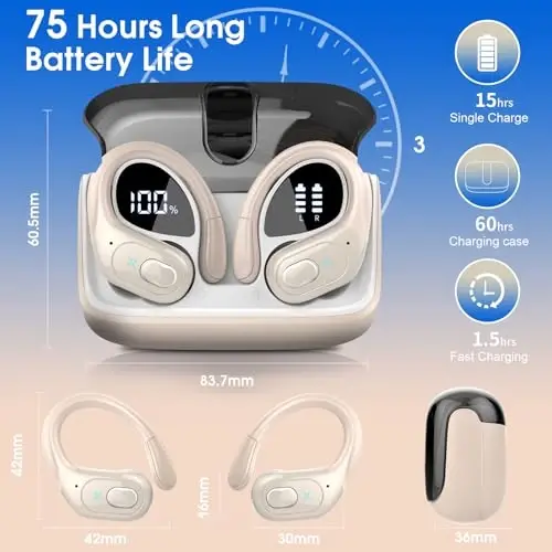 Aptkdoe Wireless Earbuds 75hrs Bluetooth 5.4 Headphone Sport, 2025 Bluetooth Earbuds Stereo Deep Bass Over Ear Bud with Earhooks, ENC Noise Cancelling Mic, IPX7 Waterproof Earphone, Camel - 2