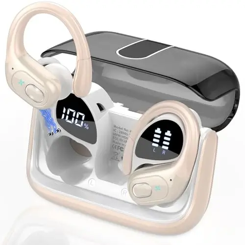 Wireless Earbuds 75hrs Bluetooth 5.4 Headphone Sport, 2026 Bluetooth Earbuds Stereo Deep Bass Over Ear Bud with Earhooks, ENC Noise Cancelling Mic, IPX7 Waterproof Earphone for Gym/Workout, Camel - 1