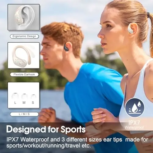 Wireless Earbuds 75hrs Bluetooth 5.4 Headphone Sport, 2026 Bluetooth Earbuds Stereo Deep Bass Over Ear Bud with Earhooks, ENC Noise Cancelling Mic, IPX7 Waterproof Earphone for Gym/Workout, Camel - 3