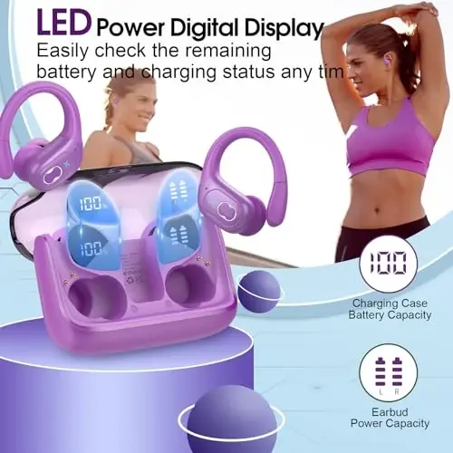 Aptkdoe Wireless Earbuds 75hrs Bluetooth 5.4 Headphone Sport, 2025 Bluetooth Earbuds Stereo Deep Bass Over Ear Bud with Earhooks, ENC Noise Cancelling Mic, IPX7 Waterproof Earphone, Purple - 2
