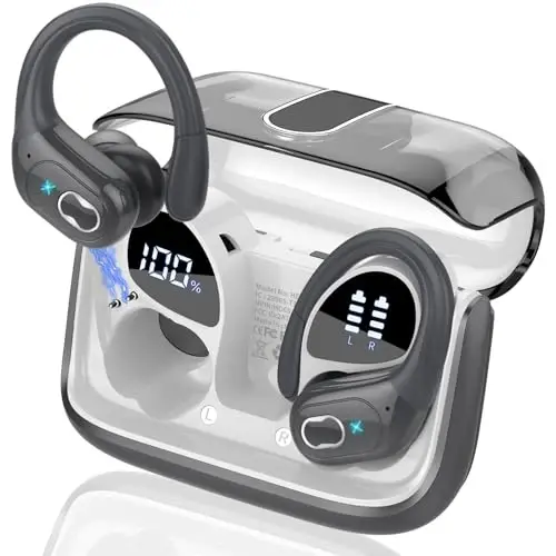 Wireless Earbuds 75hrs Bluetooth 5.4 Headphone Sport, 2026 Bluetooth Earbuds Stereo Deep Bass Over Ear Bud with Earhooks, ENC Noise Cancelling Mic, IPX7 Waterproof Earphone for Gym/Workout, Iron Gray - APTKDOE