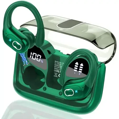 Aptkdoe Wireless Earbuds 75hrs Bluetooth 5.4 Headphone Sport, 2025 Bluetooth Earbuds Stereo Deep Bass Over Ear Bud with Earhooks, ENC Noise Cancelling Mic, IPX7 Waterproof Earphone, Dark Green 
