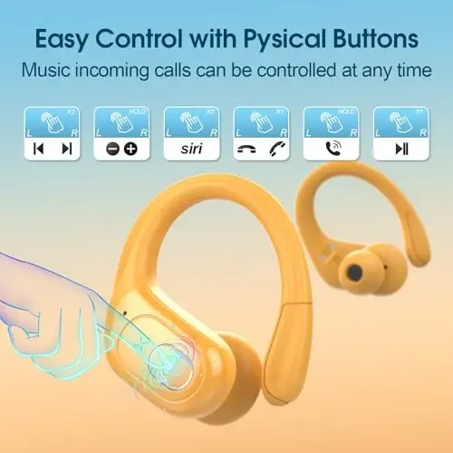 Aptkdoe Wireless Earbuds 75hrs Bluetooth 5.4 Headphone Sport, 2025 Bluetooth Earbuds Stereo Deep Bass Over Ear Bud with Earhooks, ENC Noise Cancelling Mic, IPX7 Waterproof Earphone, Yellow - 7