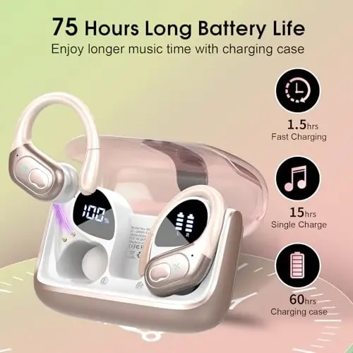 Wireless Earbuds 75hrs Bluetooth 5.4 Headphone Sport, 2026 Bluetooth Earbuds Stereo Deep Bass Over Ear Bud with Earhooks, ENC Noise Cancelling Mic, IPX7 Waterproof Earphone for Gym/Workout, Rose Gold - 3
