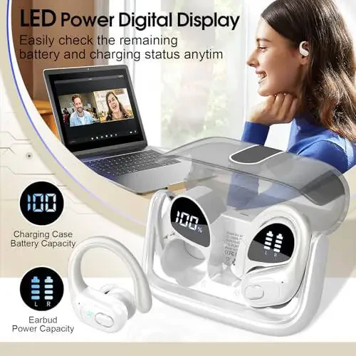 Aptkdoe Simsiz Quloqchinlar 75 soat Bluetooth 5.3 Quloqchin Sport, 2024 Bluetooth Quloqchin Stereo Chuqur Bass Quloqchin Quloq Ilgaklari bilan, ENC Shovqinni Bekitish Mikrofoni, IPX7 Su o'tkazmaydigan Quloqchin Oq - 3