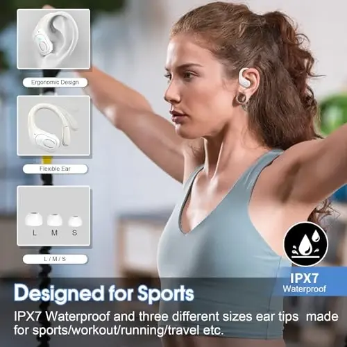 Aptkdoe Simsiz Quloqchinlar 75 soat Bluetooth 5.3 Quloqchin Sport, 2024 Bluetooth Quloqchin Stereo Chuqur Bass Quloqchin Quloq Ilgaklari bilan, ENC Shovqinni Bekitish Mikrofoni, IPX7 Su o'tkazmaydigan Quloqchin Oq - 4