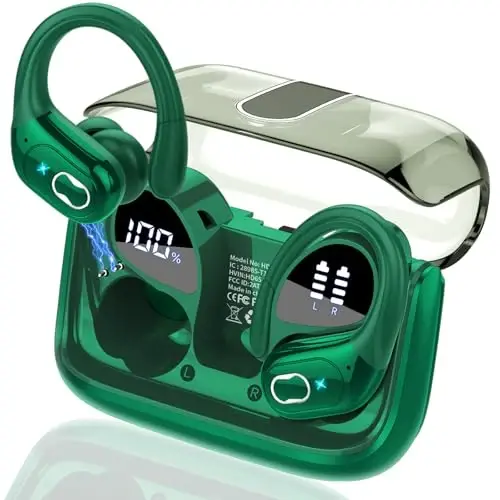 Aptkdoe Simsiz Quloqchinlar 75 soat Bluetooth 5.4 гарнитура Sport, 2025 Bluetooth Quloqchinlar Stereo Chuqur Bass Quloq ustida ilgaklar bilan, ENC shovqinni bekor qiluvchi mikrofon, IPX7 suv o'tkazmaydigan quloqchin, to'q yashil 