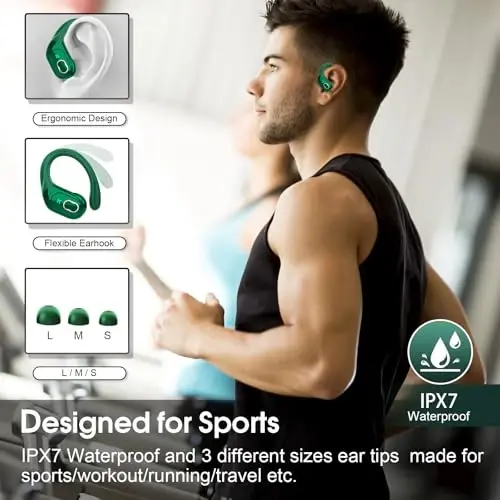 Aptkdoe Simsiz Quloqchinlar 75 soat Bluetooth 5.4 гарнитура Sport, 2025 Bluetooth Quloqchinlar Stereo Chuqur Bass Quloq ustida ilgaklar bilan, ENC shovqinni bekor qiluvchi mikrofon, IPX7 suv o'tkazmaydigan quloqchin, to'q yashil - 3