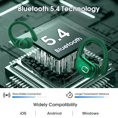 Aptkdoe Simsiz Quloqchinlar 75 soat Bluetooth 5.4 гарнитура Sport, 2025 Bluetooth Quloqchinlar Stereo Chuqur Bass Quloq ustida ilgaklar bilan, ENC shovqinni bekor qiluvchi mikrofon, IPX7 suv o'tkazmaydigan quloqchin, to'q yashil - 4