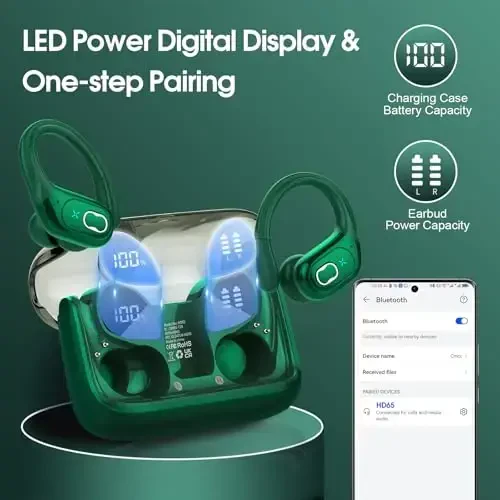Aptkdoe Simsiz Quloqchinlar 75 soat Bluetooth 5.4 гарнитура Sport, 2025 Bluetooth Quloqchinlar Stereo Chuqur Bass Quloq ustida ilgaklar bilan, ENC shovqinni bekor qiluvchi mikrofon, IPX7 suv o'tkazmaydigan quloqchin, to'q yashil - 5