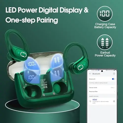 Aptkdoe Simsiz Quloqchinlar 75 soat Bluetooth 5.4 гарнитура Sport, 2025 Bluetooth Quloqchinlar Stereo Chuqur Bass Quloq ustida ilgaklar bilan, ENC shovqinni bekor qiluvchi mikrofon, IPX7 suv o'tkazmaydigan quloqchin, to'q yashil - 5