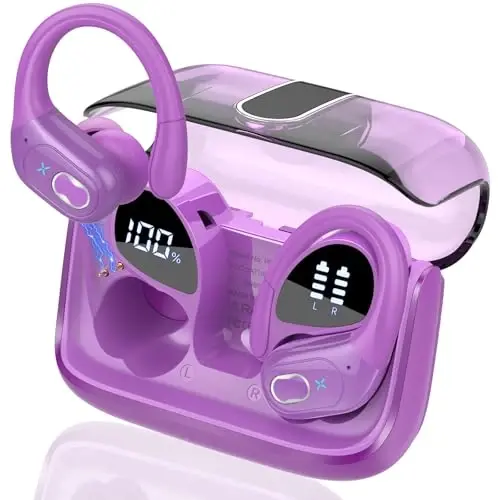 Aptkdoe simsiz quloqchinlar 75 soat Bluetooth 5.4 naushnik sport, 2025 Bluetooth quloqchinlar stereo chuqur bas quloq ustida ilgaklar bilan, ENC shovqinni bekor qiluvchi mikrofon, IPX7 suv o'tkazmaydigan quloqchin, binafsha - 1