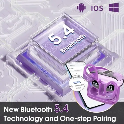 Aptkdoe simsiz quloqchinlar 75 soat Bluetooth 5.4 naushnik sport, 2025 Bluetooth quloqchinlar stereo chuqur bas quloq ustida ilgaklar bilan, ENC shovqinni bekor qiluvchi mikrofon, IPX7 suv o'tkazmaydigan quloqchin, binafsha - 4